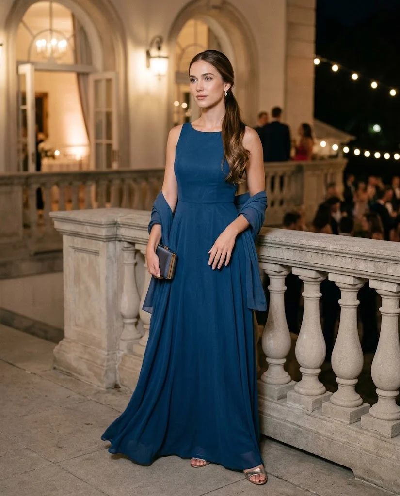  women wearing Deep Blue Maxi Dress With a Simple Wrap