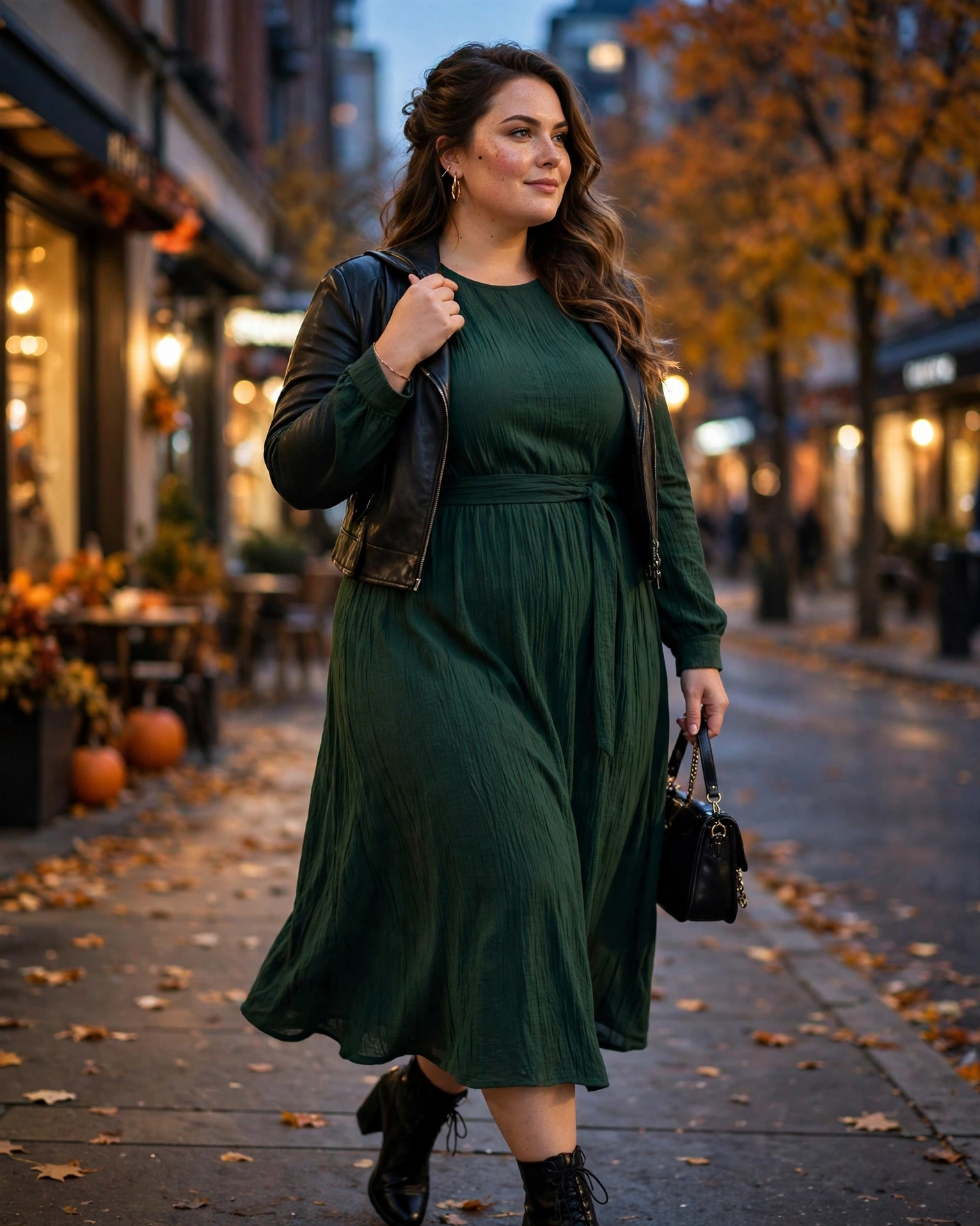 Deep Green Midi Dress With a Leather Jacket Plus Size Fall Night Out Outfit