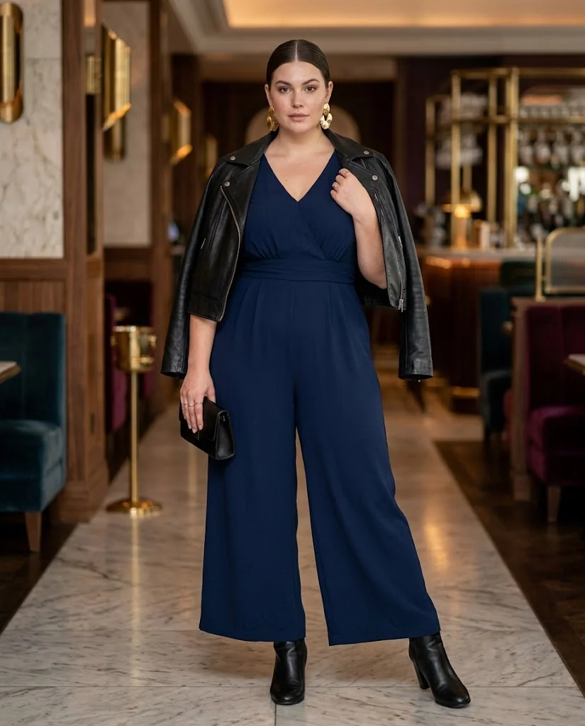 Plus Size Fall Dinner Outfits: 15 Chic Looks for Autumn Evenings 15 Deep Navy Jumpsuit With Cropped Leather Jacket Plus Size Fall Dinner Outfit