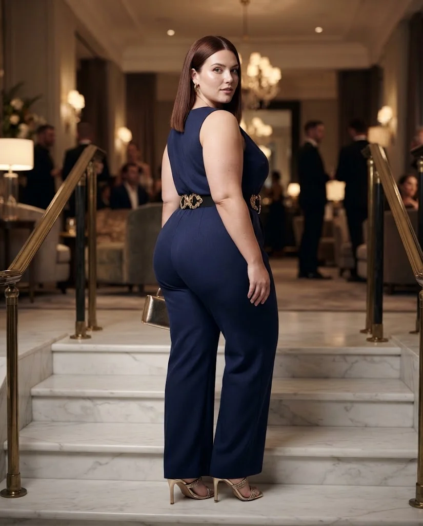 Deep Navy Jumpsuit With a Statement Belt Plus Size Cocktail Party Outfit