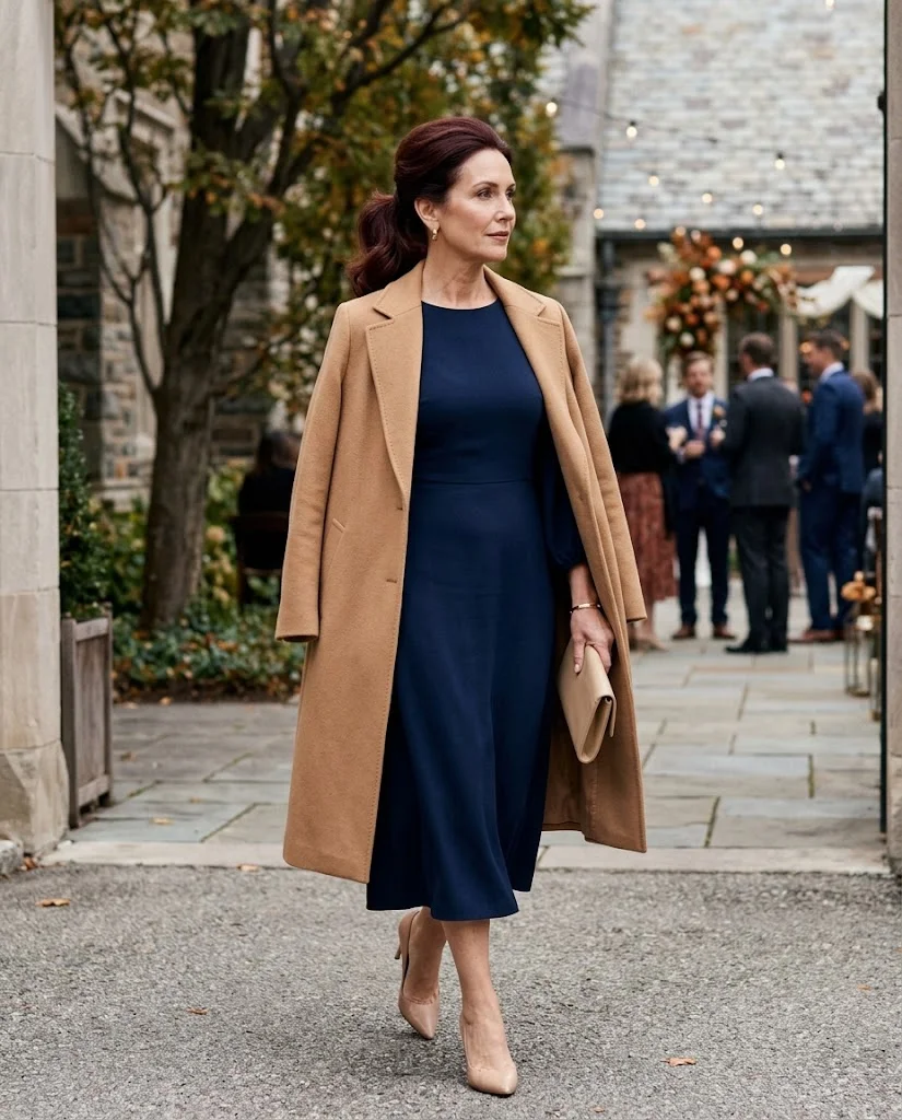Deep Navy Midi Dress with Camel Coat, a fall wedding guest outfit for women over 50