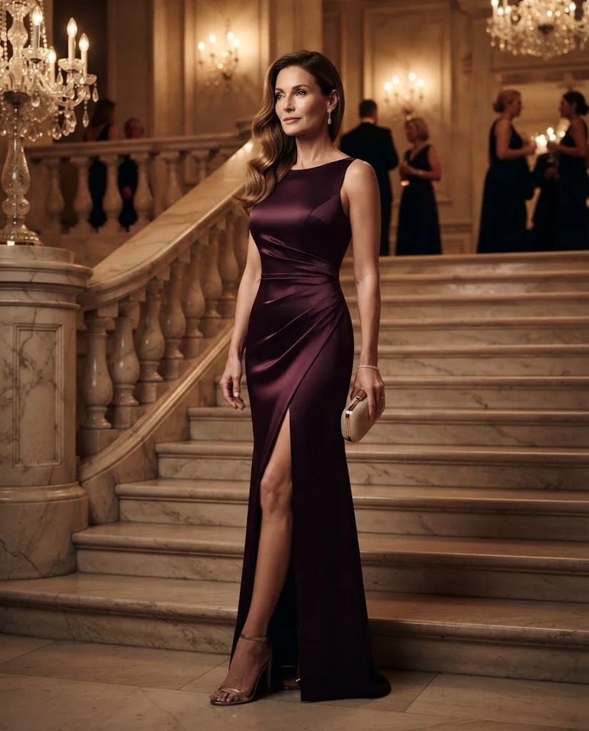Chic Formal Wedding Guest Outfits for Women Over 50: 20+ Elegant Ideas 13 Deep Plum Fitted High-Slit Gown with Metallic Heels, a formal wedding guest outfit for women over 50