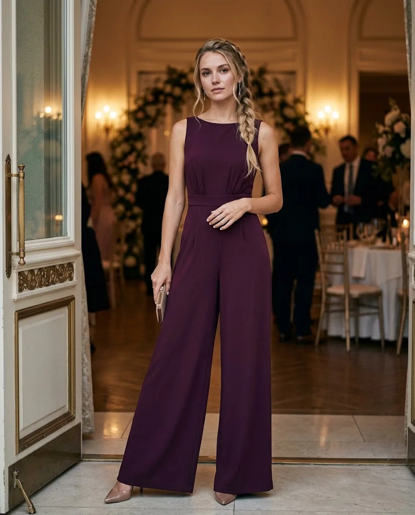 women wearing Deep Plum Jumpsuit With a Defined Waist