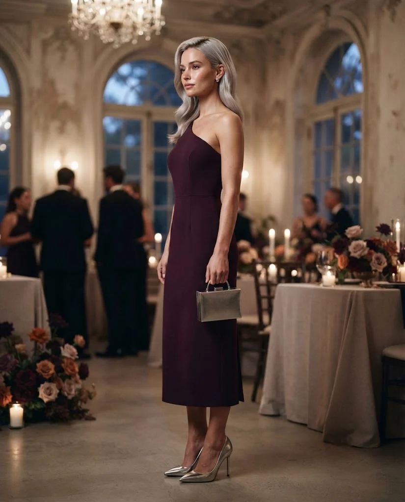 Deep Plum One-Shoulder Midi Dress with Metallic Clutch, a classy and elegant wedding guest outfit for women