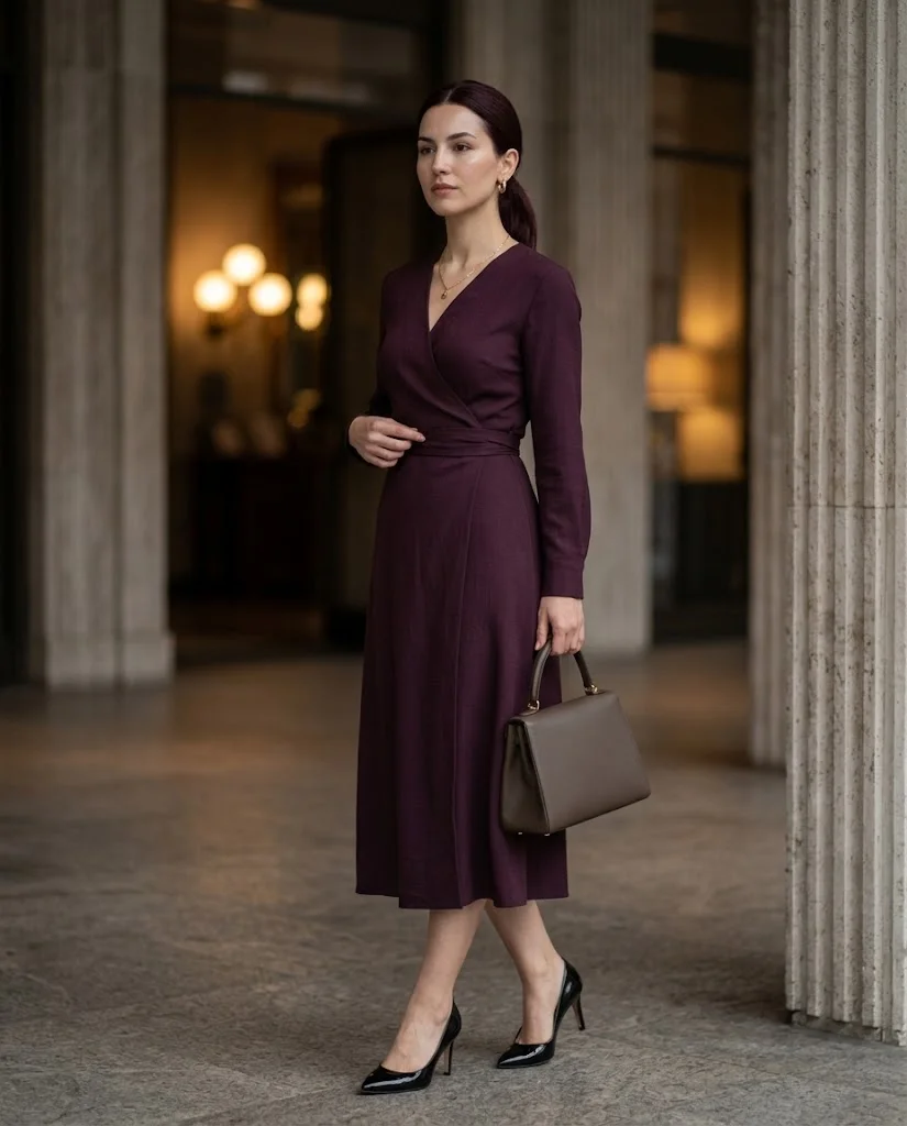 women wearing Deep Plum Wrap Midi Dress With Pumps