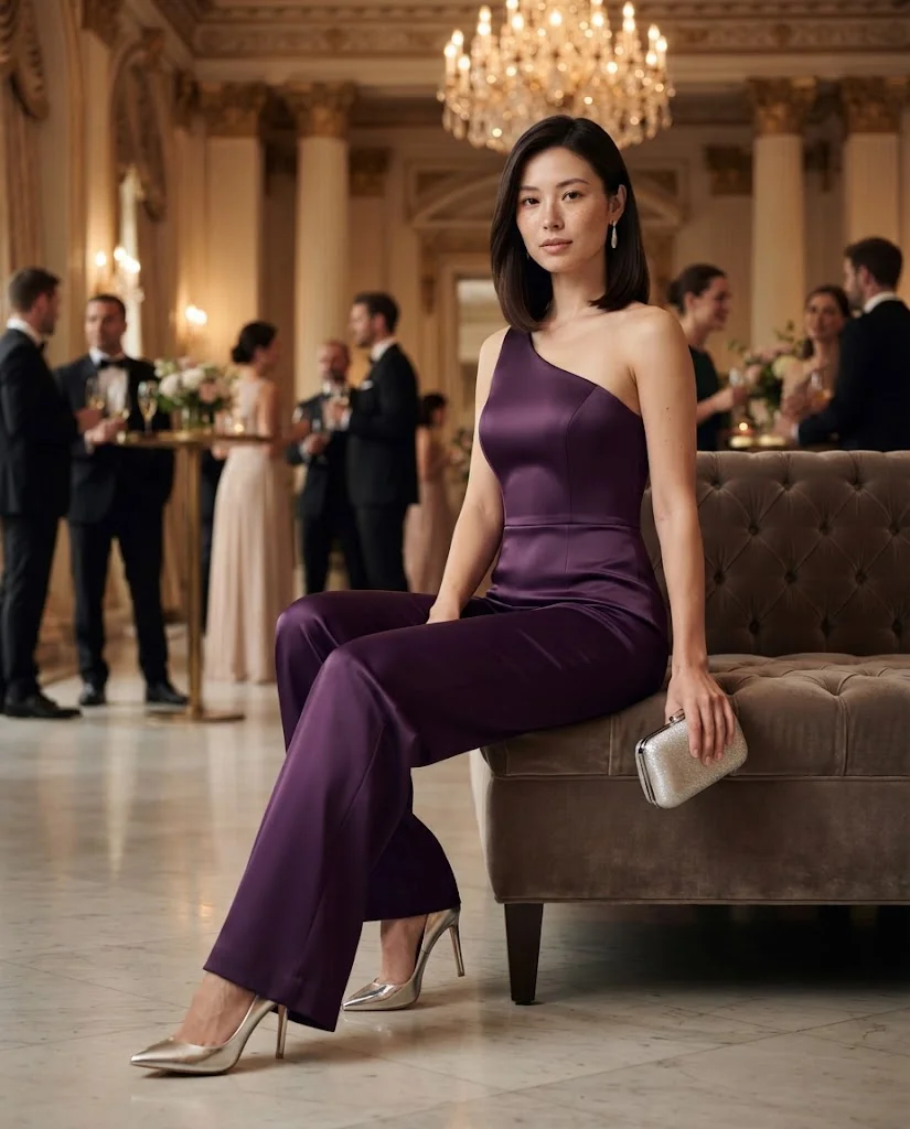 women wearing Deep Purple One-Shoulder Jumpsuit