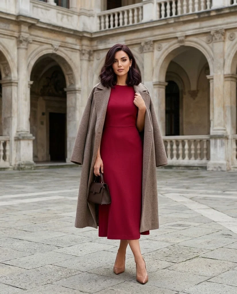 Early Fall Outfits for Women: 20+ Elegant Old Money Ideas 20 Deep Raspberry Backless Midi Dress with Taupe Wrap Coat, an elegant old money early fall outfit for women