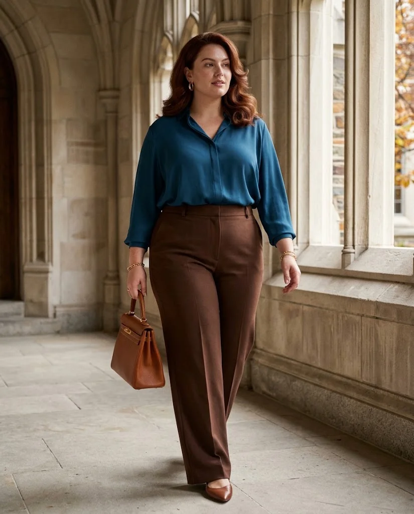 Deep Teal Blouse With Chocolate Wide-Leg Pants Plus Size Thanksgiving Outfit