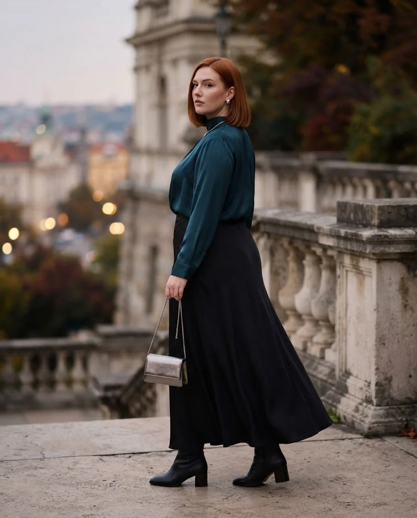 Plus Size Fall Outfits for Women: 15 Stylish Ideas 10 Deep Teal Blouse With a Black Maxi Skirt, a chic plus size fall outfit for women