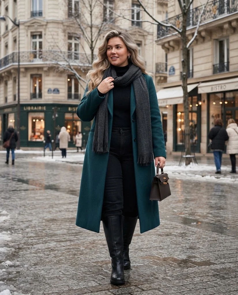 Plus Size Winter Outfits for Women: 15 Warm and Stylish Ideas 16 Deep Teal Coat With Black Straight-Leg Jeans, a colorful plus size winter outfit