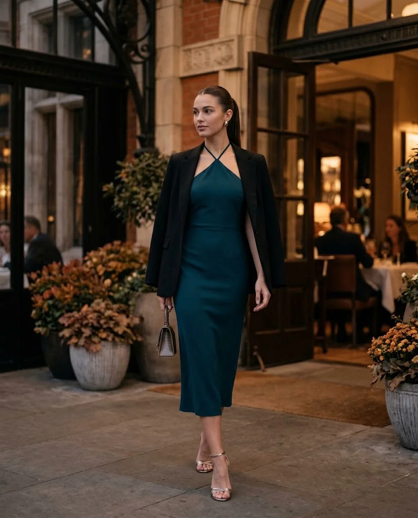 Deep Teal Halter Dress with a Structured Blazer, an elegant old money fall dinner outfit for women
