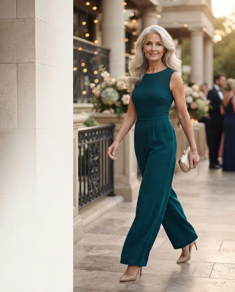 Deep Teal Jumpsuit with Gold Earrings, an elegant wedding guest outfit for women over 50
