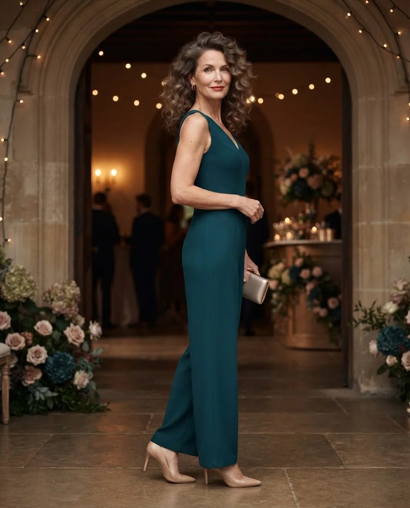 Deep Teal Jumpsuit with Nude Pumps, a semi-formal wedding guest outfit for women over 50
