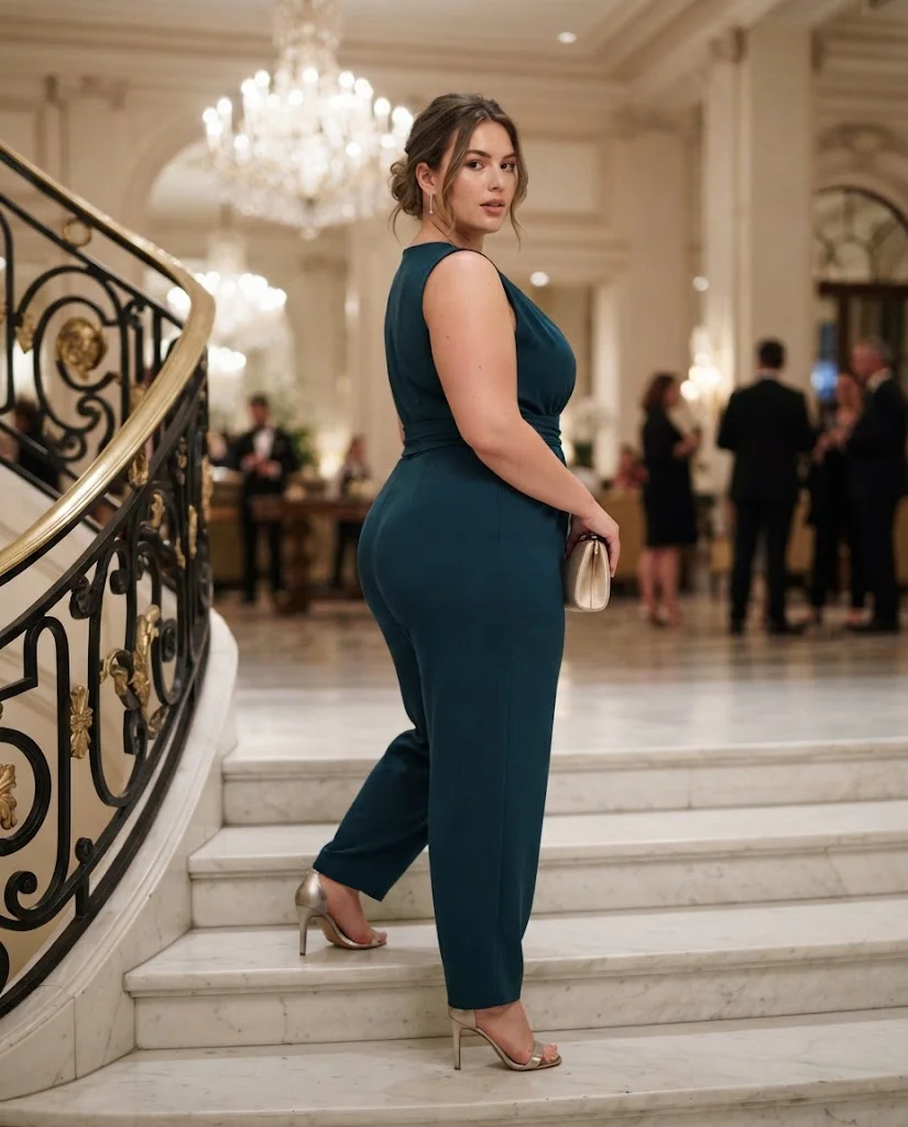 Deep Teal Jumpsuit With Metallic Heels Plus Size Date Night Outfit