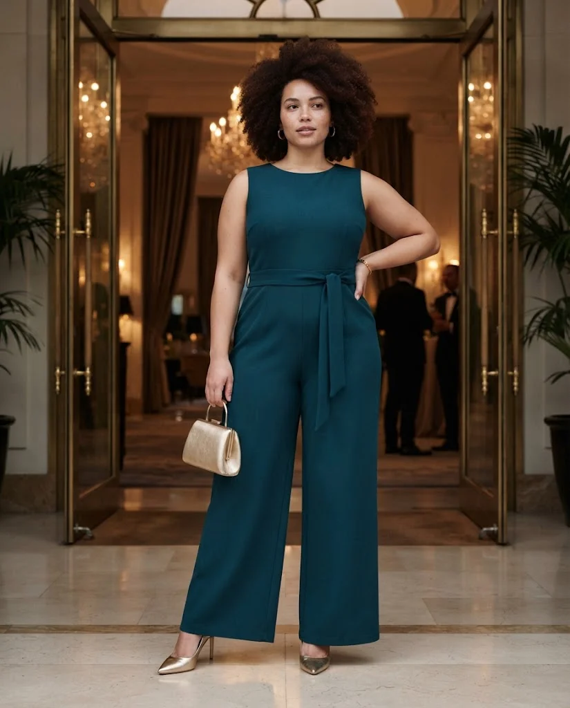 women wearing Deep Teal Jumpsuit With a Defined Waist