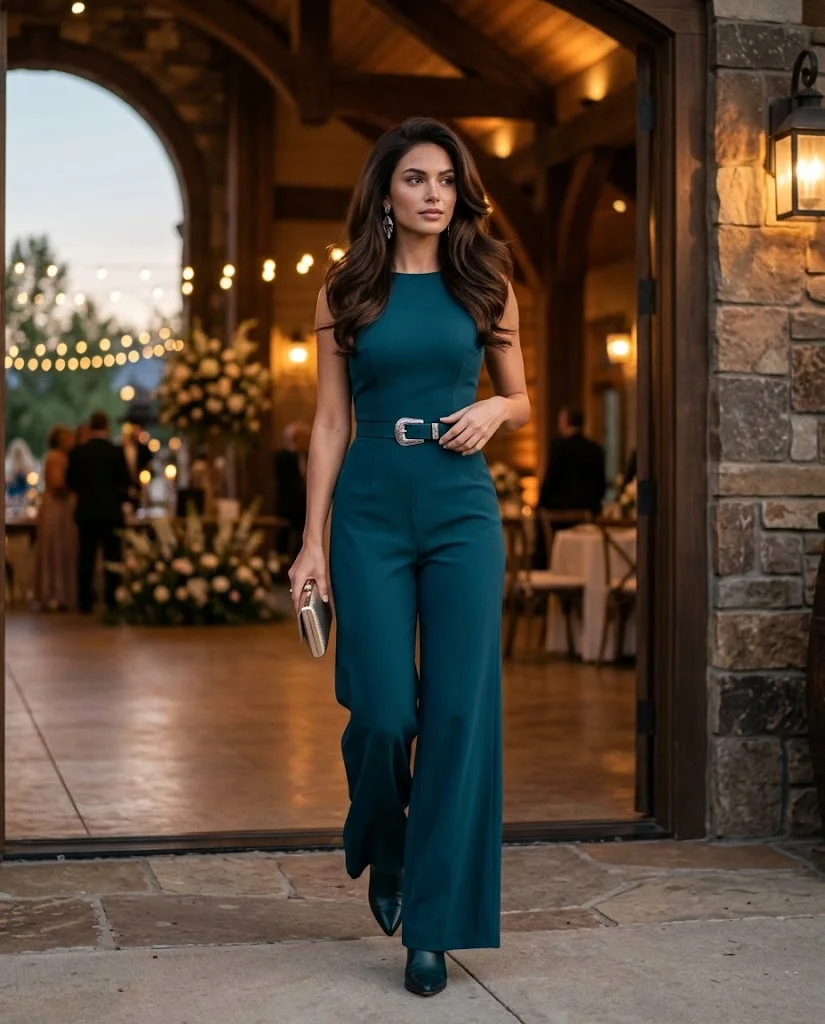 Deep Teal Jumpsuit with Metallic Western Accessories, a stylish western wedding guest outfit for women