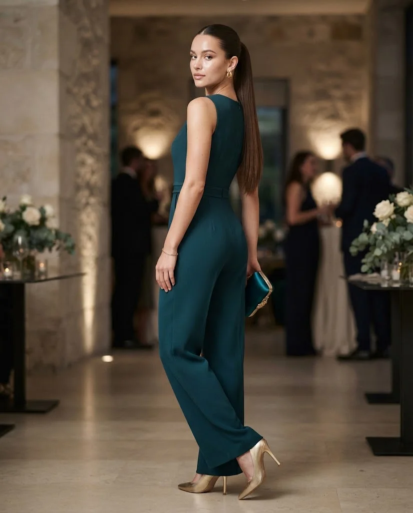 Deep Teal Jumpsuit with a Defined Waist, a classy and elegant wedding guest outfit for women