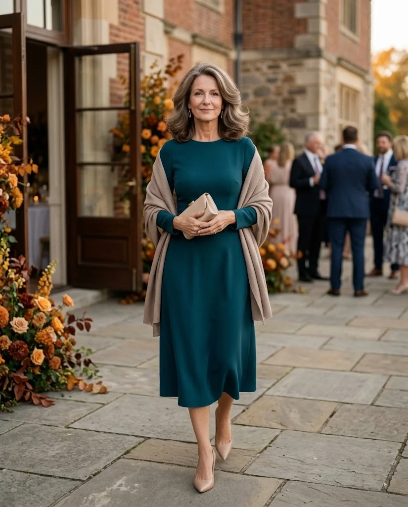 Deep Teal Midi Dress with Beige Wrap, a fall wedding guest outfit for women over 50