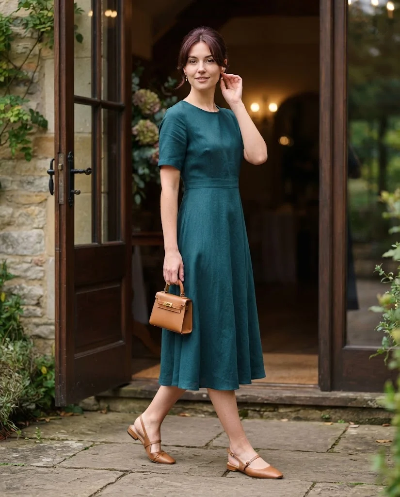 women wearing Deep Teal Midi Dress With Slingback Flats