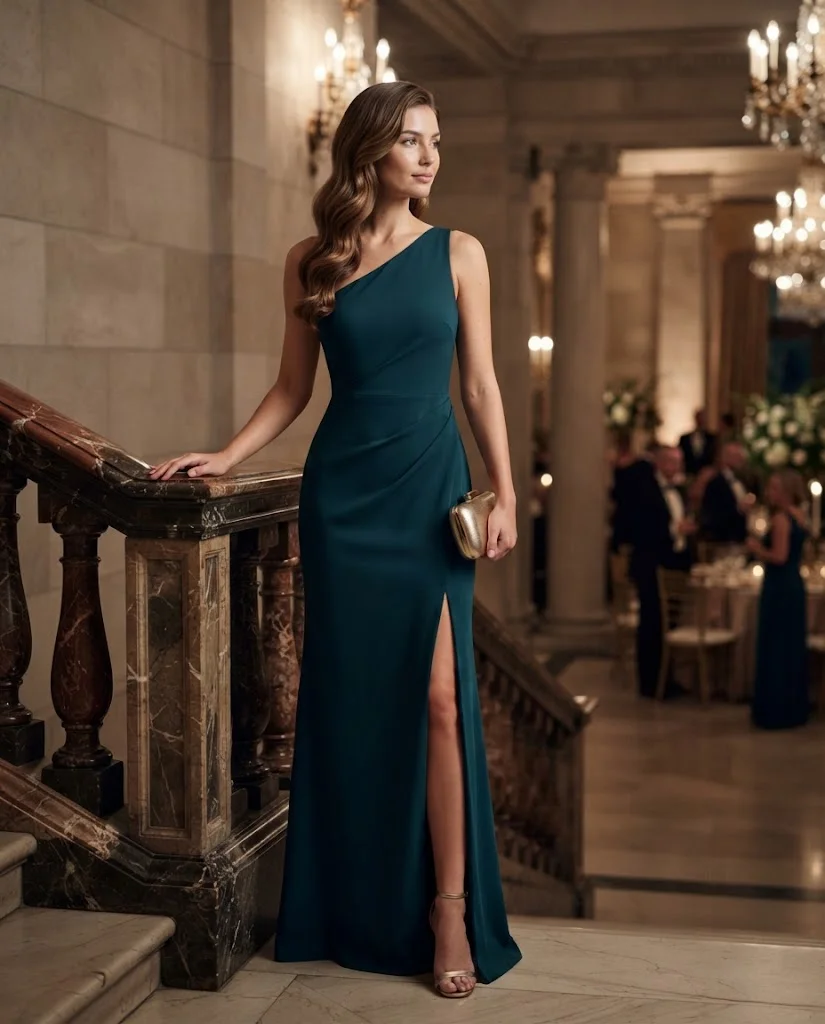 Deep Teal One-Shoulder Maxi Dress + Gold Heels