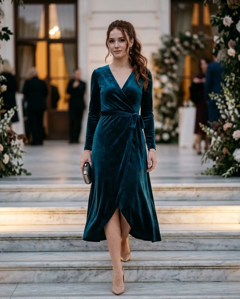 women wearing Deep Teal Velvet Wrap Dress
