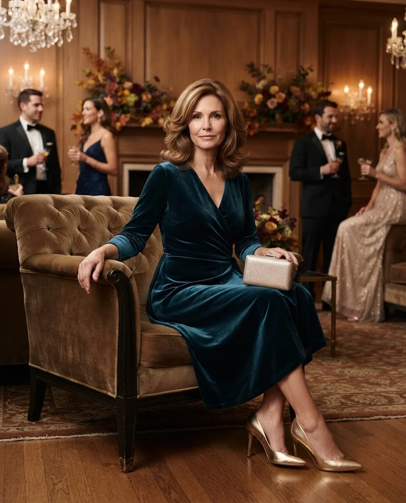 Chic Formal Wedding Guest Outfits for Women Over 50: 20+ Elegant Ideas 10 Deep Teal Velvet Wrap Dress with Gold Heels, a formal wedding guest outfit for women over 50