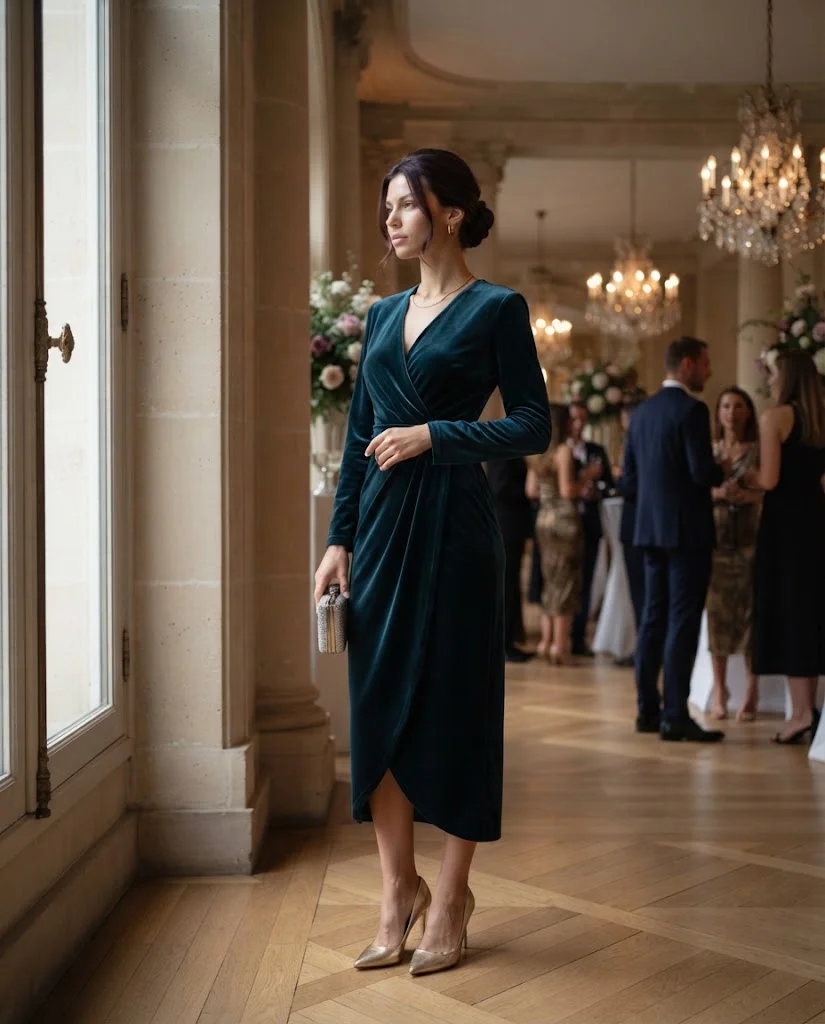women wearing Deep Teal Velvet Wrap Dress With Metallic Heels