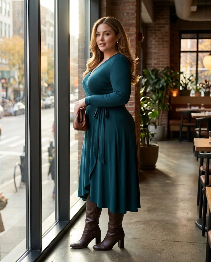 Plus Size Fall Dinner Outfits: 15 Chic Looks for Autumn Evenings 10 Deep Teal Wrap Dress With Heeled Boots Plus Size Fall Dinner Outfit