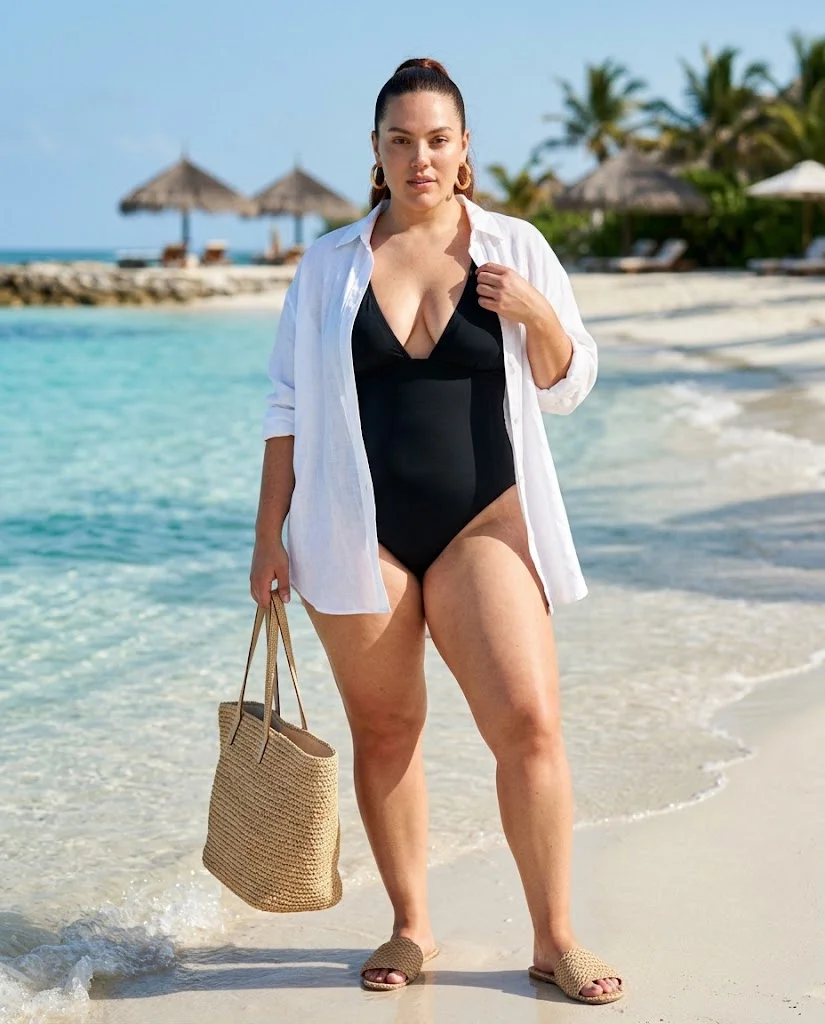 Plus Size Beach Outfits: Bold, Breezy & Stylish Looks 3 Deep-V One-Piece With an Open White Linen Shirt Plus Size Beach Outfit