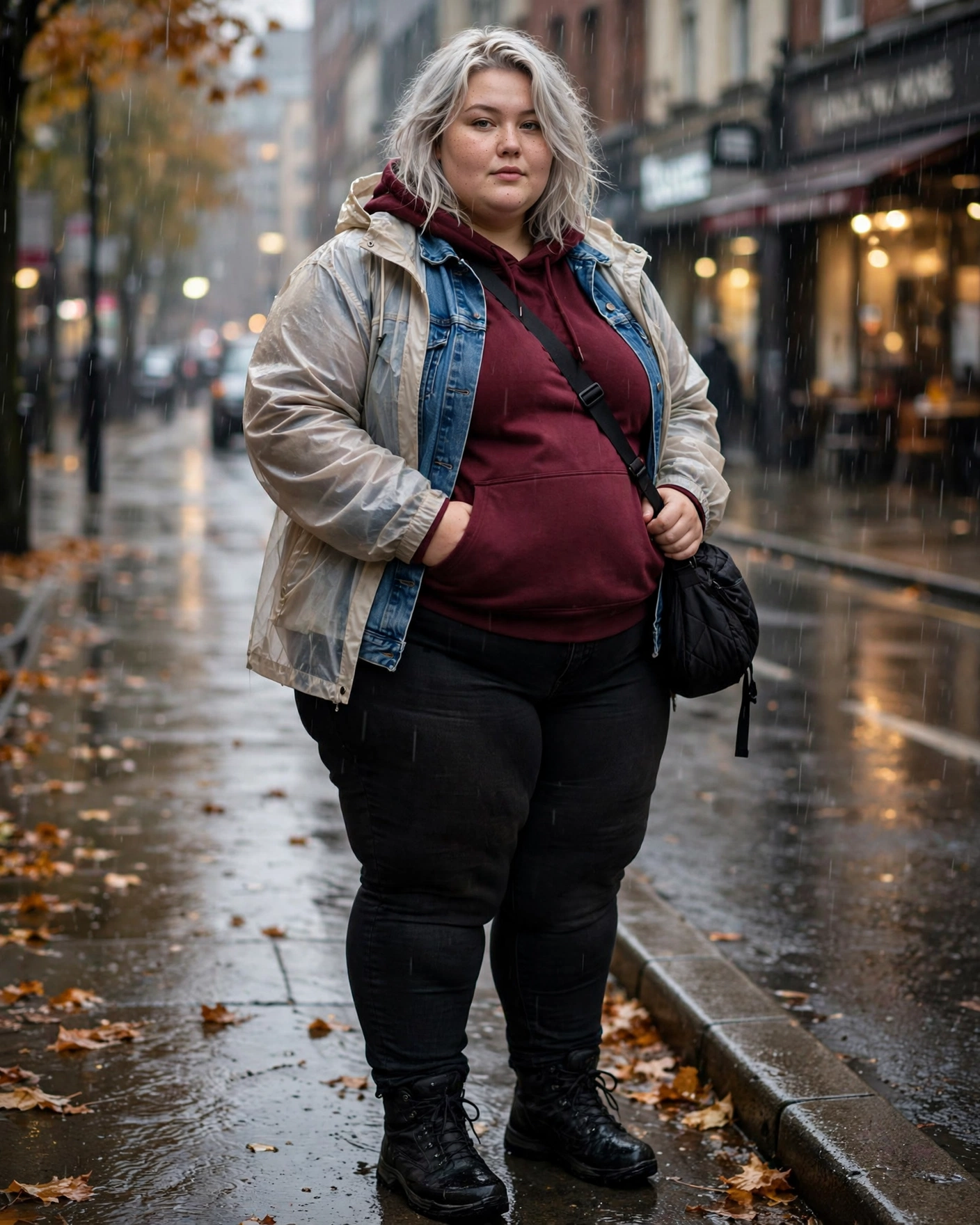 Denim Jacket With a Burgundy Hoodie and Black Jeans Plus Size Rainy Fall Outfit
