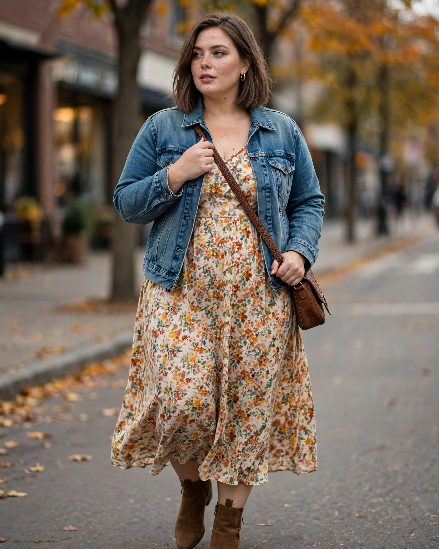 Denim Jacket With a Flowy Midi Dress Plus Size Early Fall Outfit