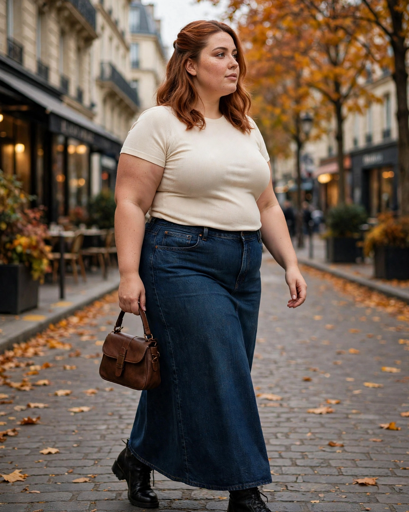 Denim Maxi Skirt With a Fitted Top Plus Size Early Fall Outfit