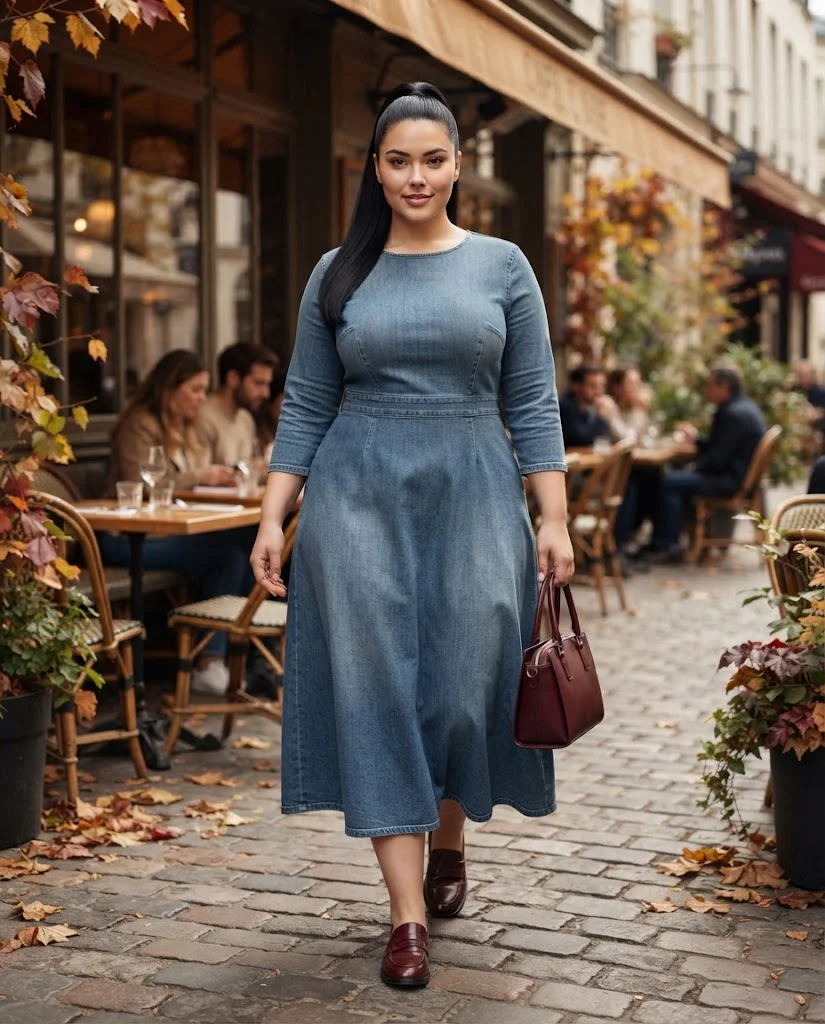 Plus Size Fall Brunch Outfits: Chic Looks for Crisp Autumn Days 4 Denim Midi Dress With Burgundy Loafers Plus Size Fall Brunch Outfit