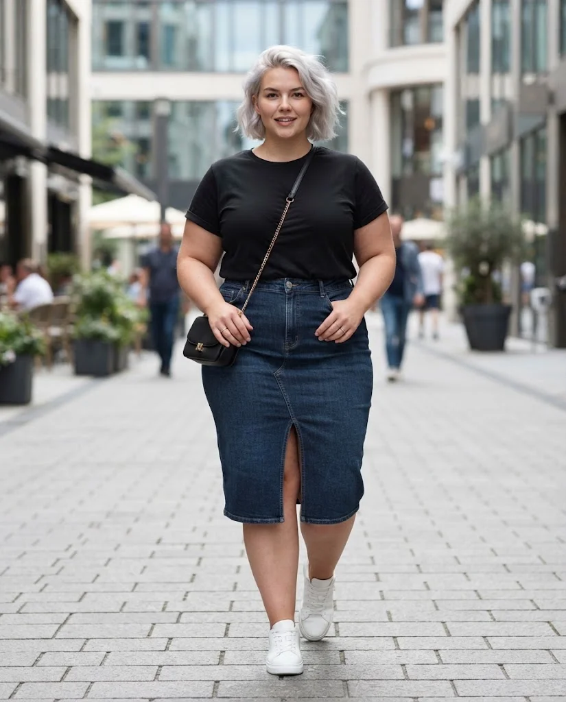 Denim Midi Skirt With a Black Graphic Tee Plus Size Casual Outfit