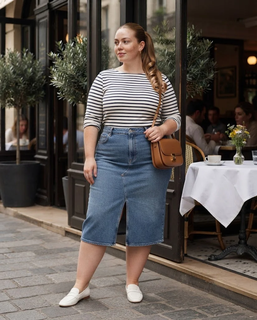 Plus Size Brunch Outfits for Women: 15 Stylish Ideas 11 Denim Midi Skirt With a Striped Boatneck Top Plus Size Brunch Outfit