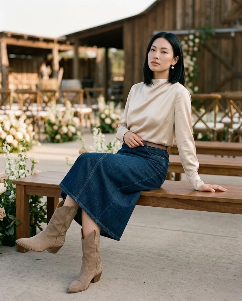 Denim Midi Skirt with a Champagne Satin Top, a stylish western wedding guest outfit for women