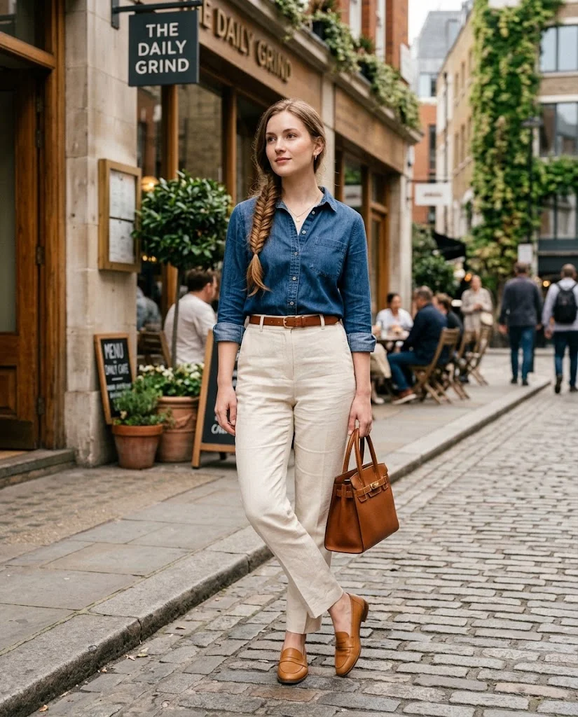 Casual Old Money Outfits for Women: 20+ Chic & Polished Ideas 12 women wearing Denim Shirt With Cream Trousers