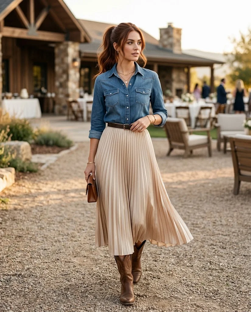 Denim Shirt with a Pleated Midi Skirt and Western Boots, a stylish western wedding guest outfit for women