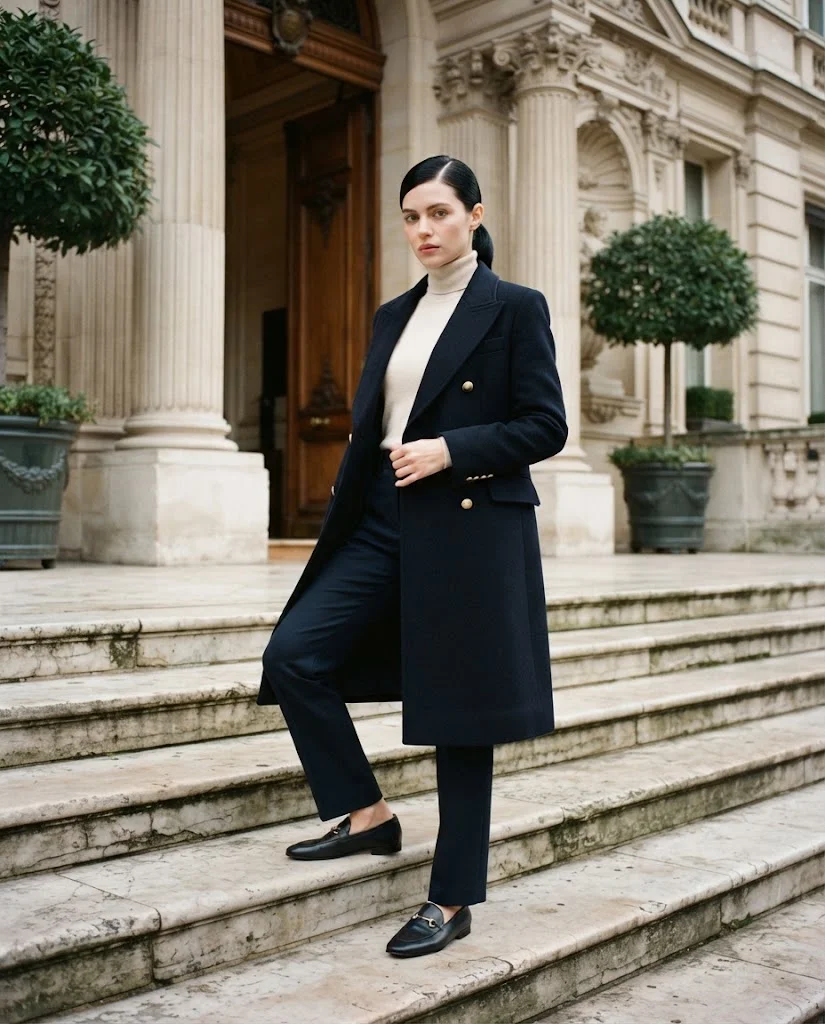 women wearing Double-Breasted Coat With Straight-Leg Pants