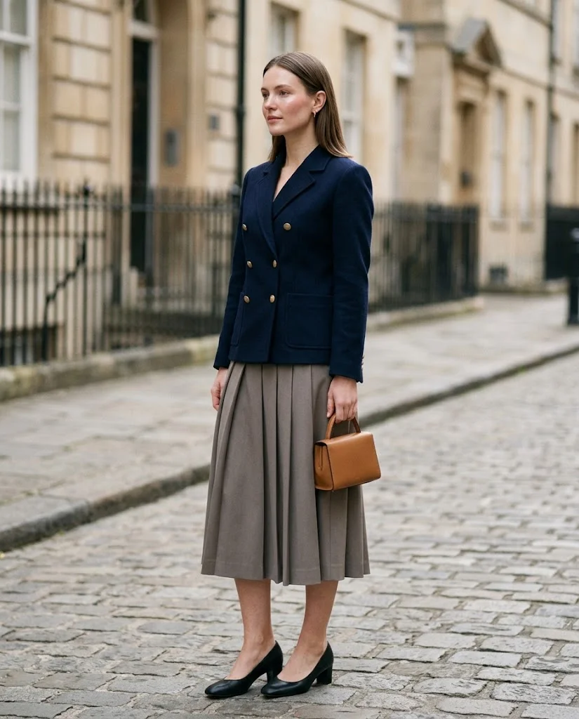 Elegant Old Money Outfits for Women: 20+ Timeless Ideas 12 women wearing Double-Breasted Jacket With a Simple Midi Skirt