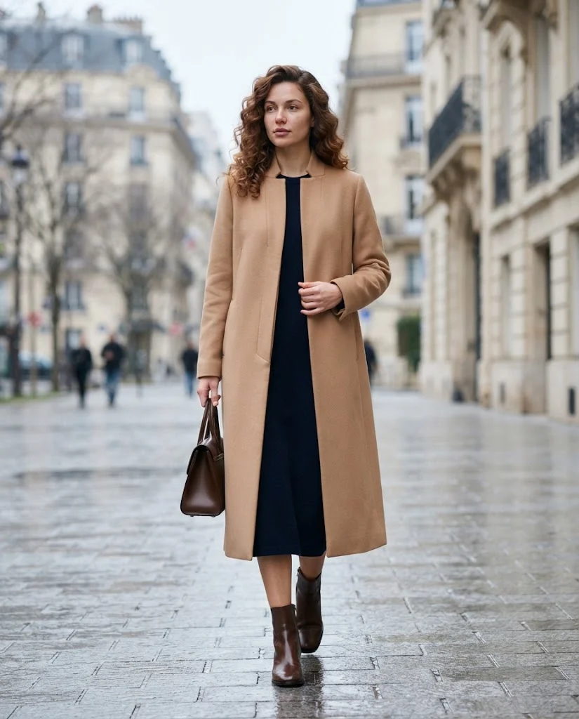 women wearing Double-Faced Wool Coat Over a Midi Dress