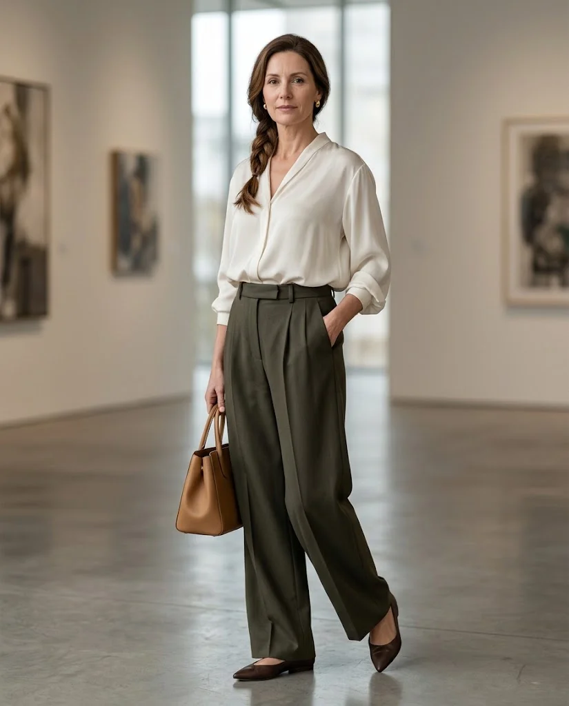 women wearing Draped Blouse With Wide-Leg Trousers