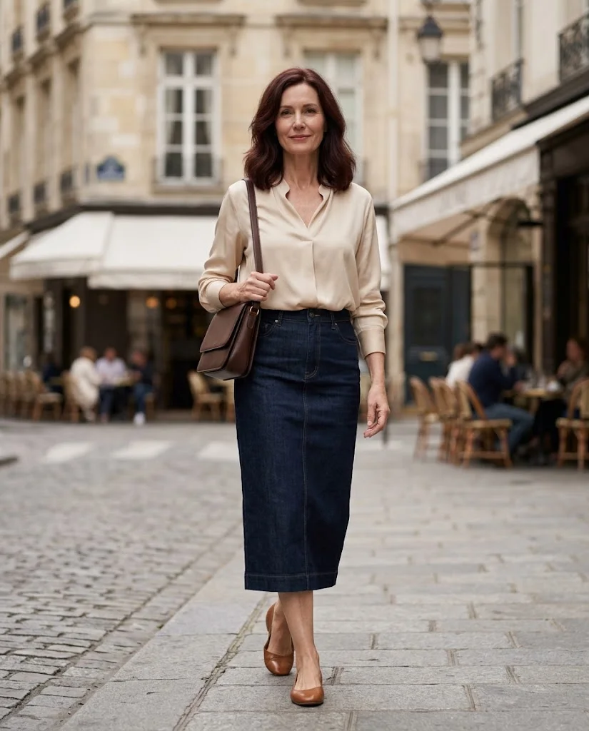women wearing Draped Blouse With a Dark Denim Midi Skirt