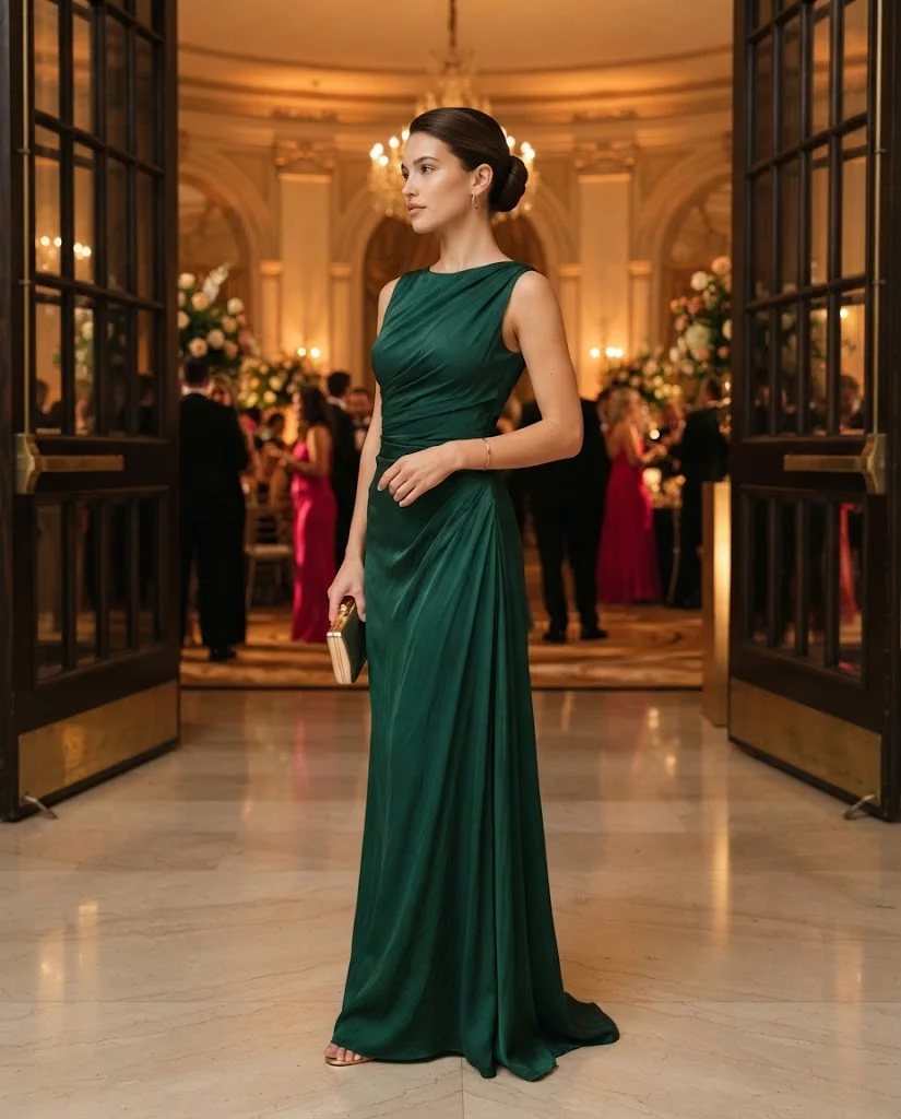 women wearing Draped Maxi Dress With Minimal Jewelry