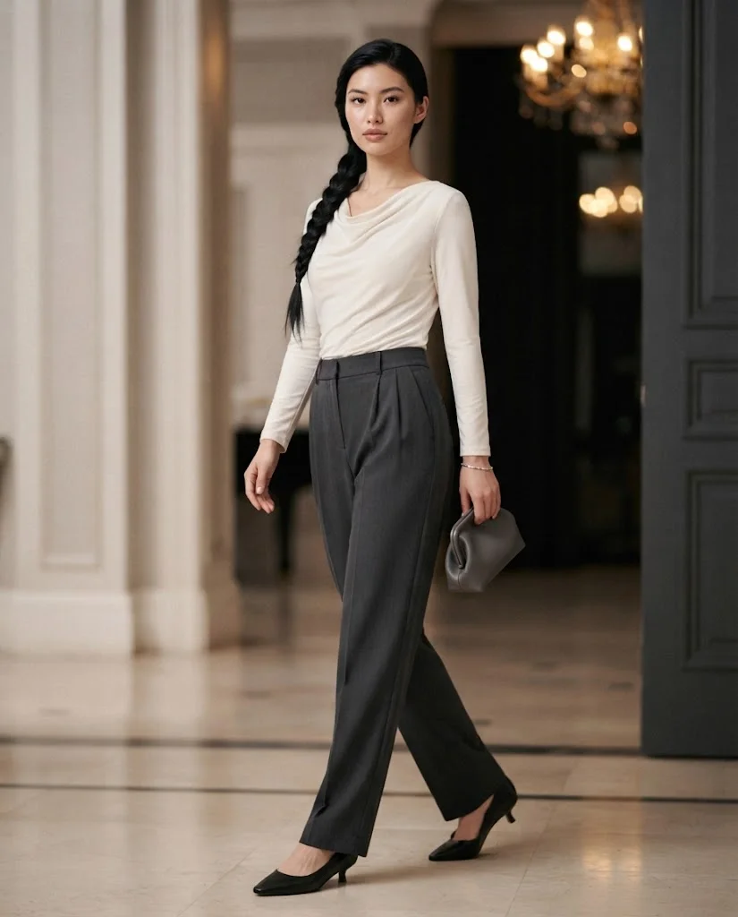 women wearing Draped Neckline Top With Pleated Trousers