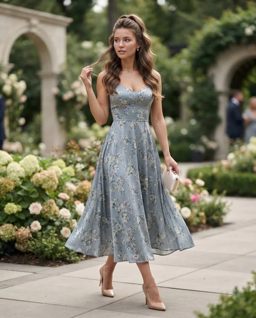 Dusty Blue Floral Midi with Pointed-Toe Pumps, a stylish petite wedding guest outfit for women