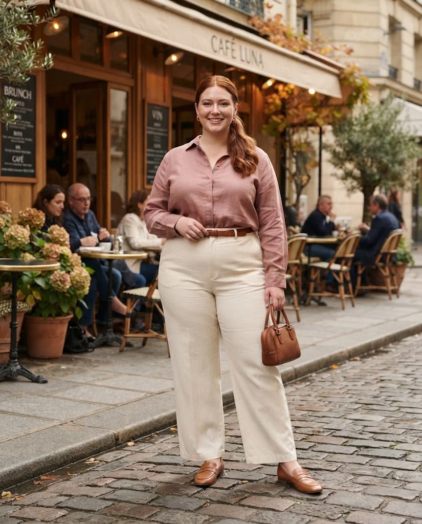 Plus Size Fall Brunch Outfits: Chic Looks for Crisp Autumn Days 2 Dusty Rose Blouse With Cream Wide-Leg Trousers Plus Size Fall Brunch Outfit