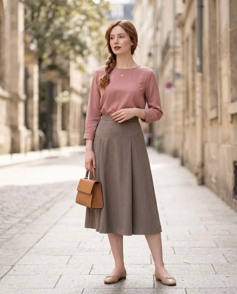 Elegant Old Money Outfits for Women: 20+ Timeless Ideas 13 women wearing Dusty Rose Blouse With a Taupe A-Line Skirt