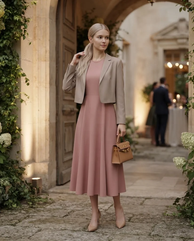 women wearing Dusty Rose Dress With a Cropped Jacket