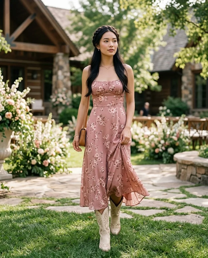 Dusty Rose Floral Dress with Embroidered Boots, a stylish western wedding guest outfit for women